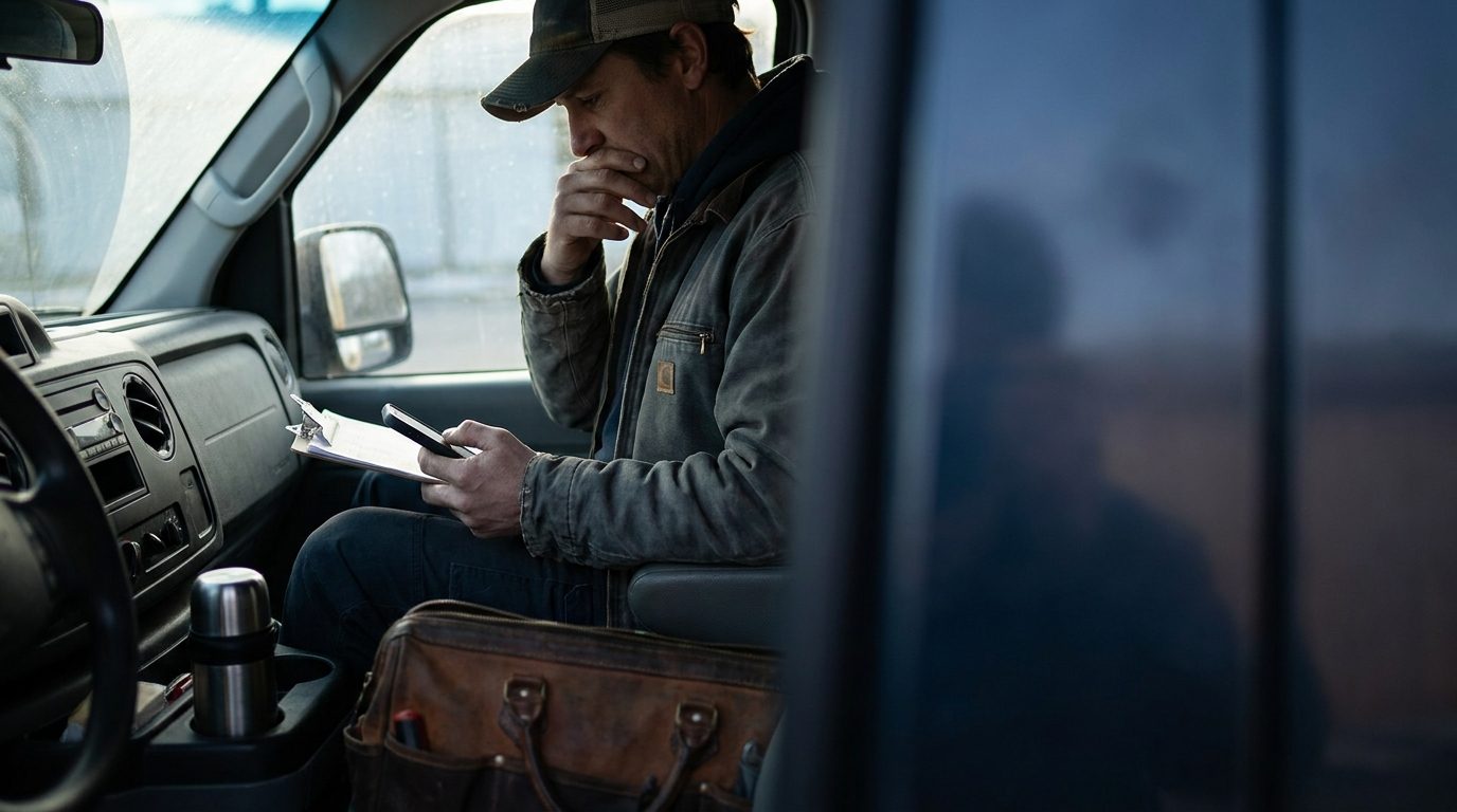 A tradesperson sits in a van cab with a clipboard and phone