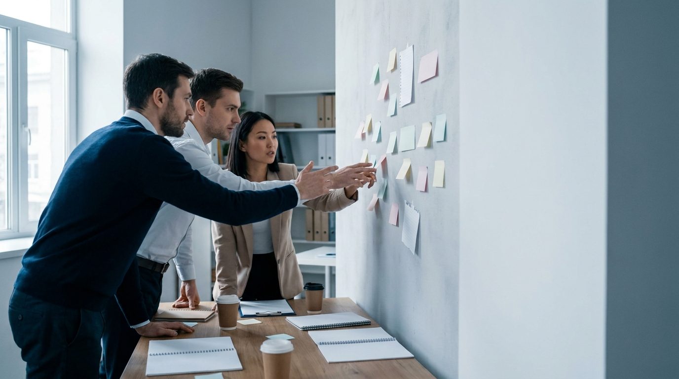 A small team of three around a table in a modest office planning with sticky notes on a wall
