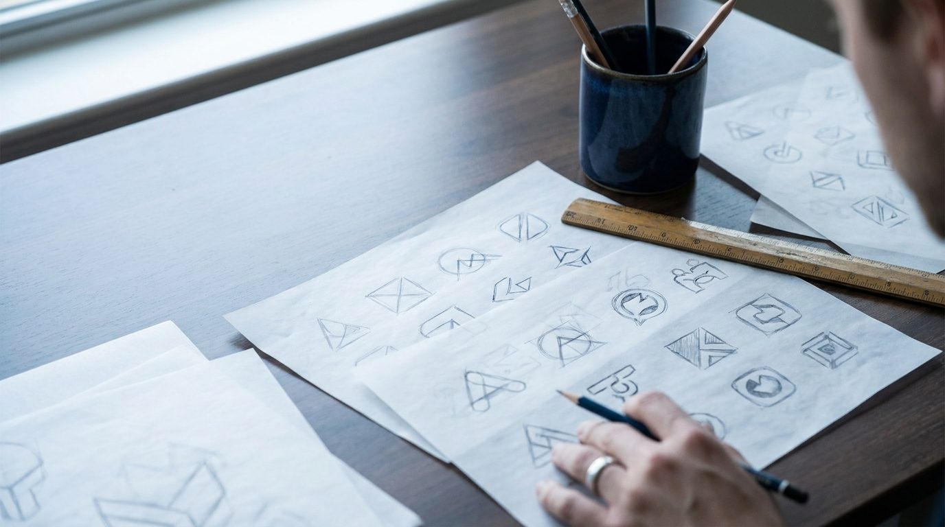 A designer's desk from above with pencil logo sketches on tracing paper