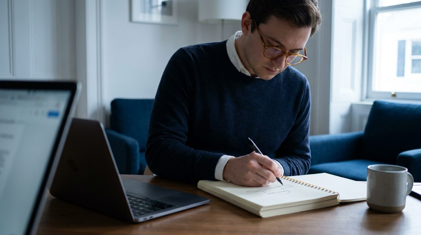 A person on a video call taking handwritten notes on a pad