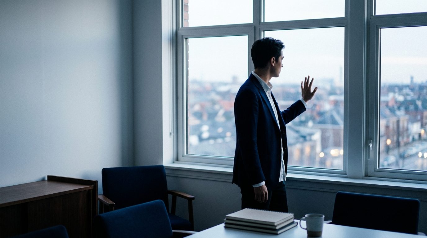 A person stands at a window in a quiet office at first light