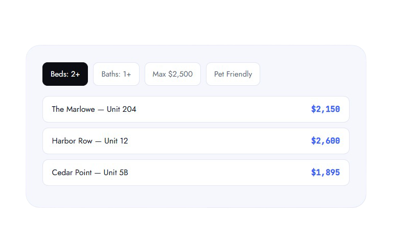 Filter bar showing Beds: 2+ and other criteria with three property rows and prices on the right (real estate listings).