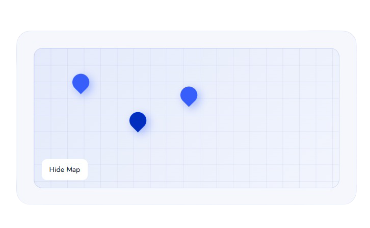 Interactive map with a light blue grid and three blue location pins; includes a 'Hide Map' button.