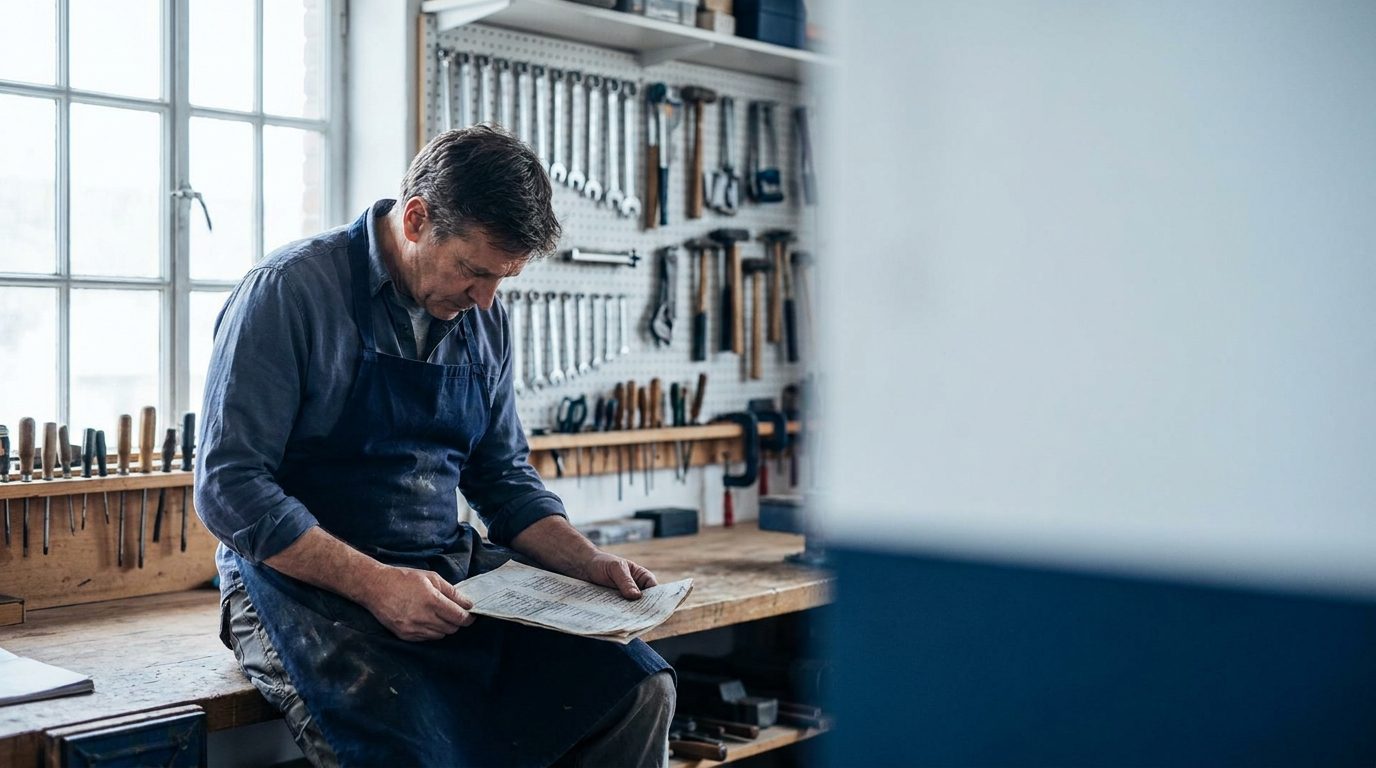 A small business owner works through a printed list at a workbench in a workshop