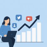 Person working on a laptop as a bar chart climbs with social icons above, signaling online growth analytics.
