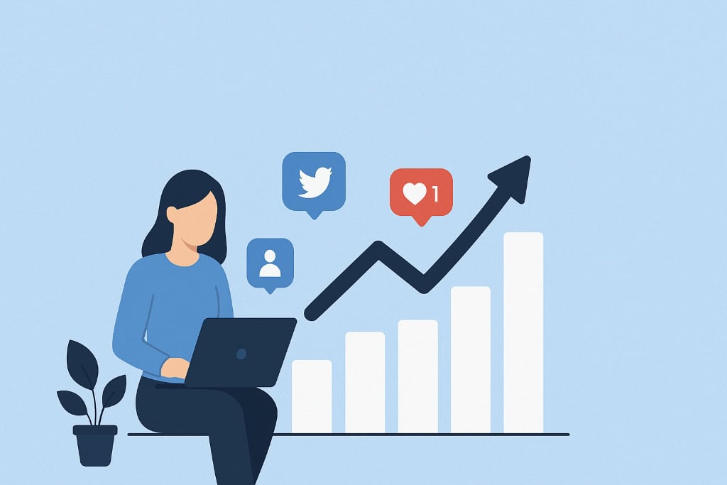 Person working on a laptop as a bar chart climbs with social icons above, signaling online growth analytics.