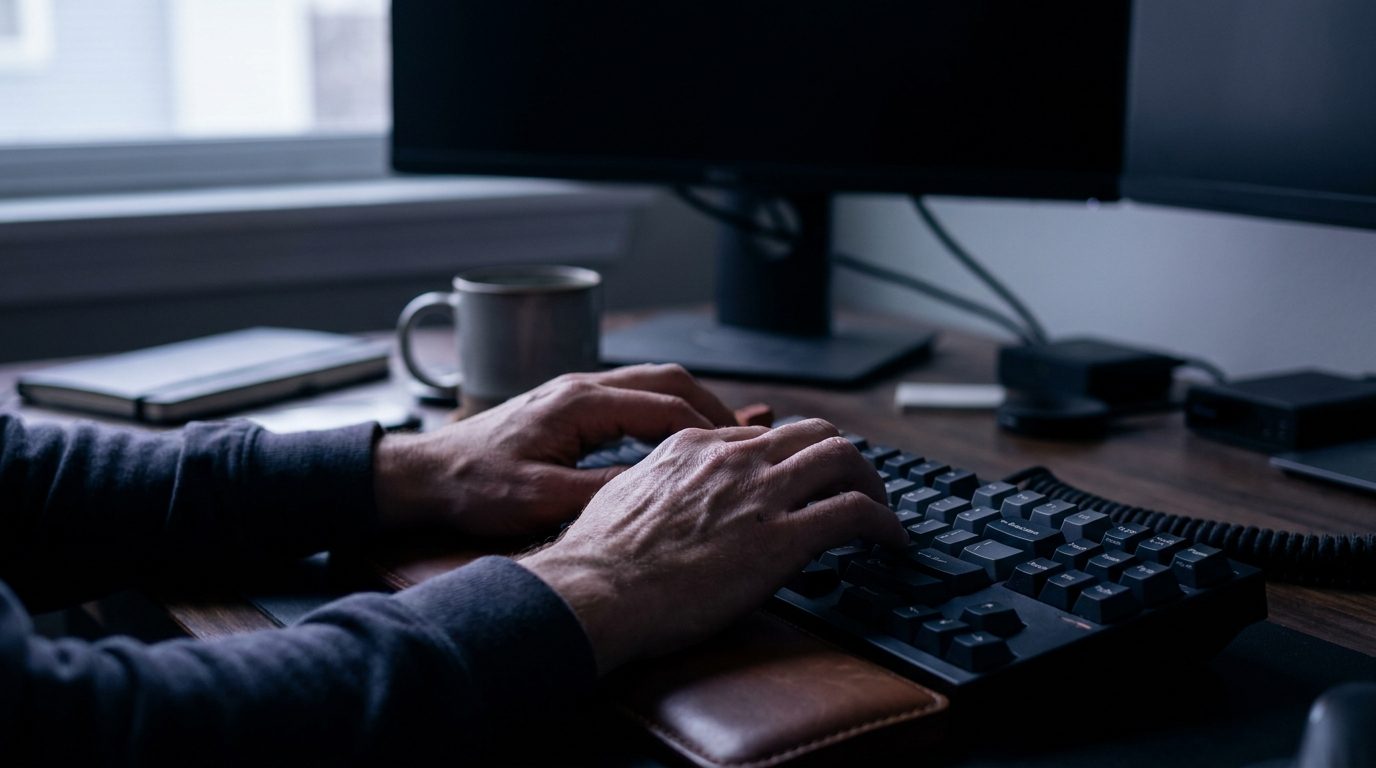 Close crop of a developer's hands on a mechanical keyboard