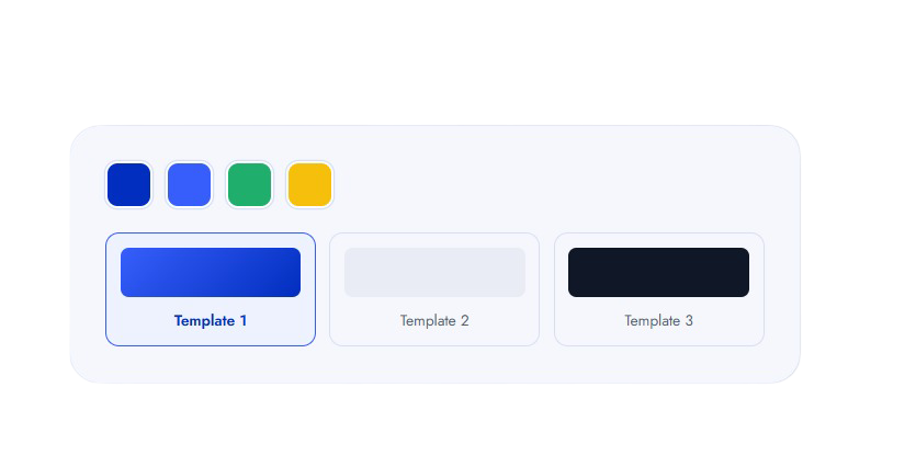 Web UI mockup with four colored square icons and three template cards; Template 1 is selected.