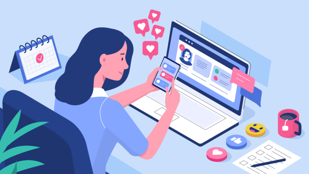 Woman using a laptop and smartphone to manage social media, with likes and chat icons around her on the desk scene.