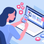 Woman using a laptop and smartphone to manage social media, with likes and chat icons around her on the desk scene.