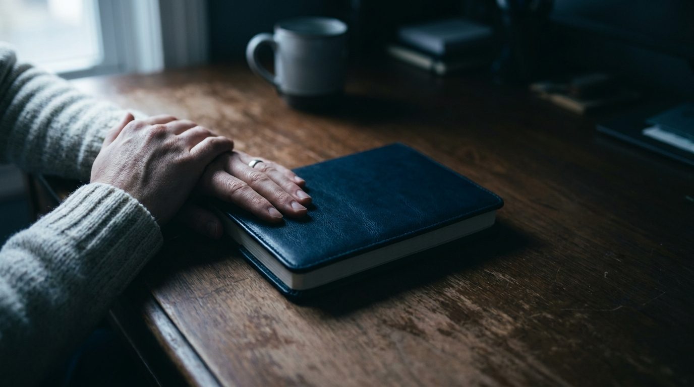 Close crop of hands resting either side of a closed notebook on a dark desk