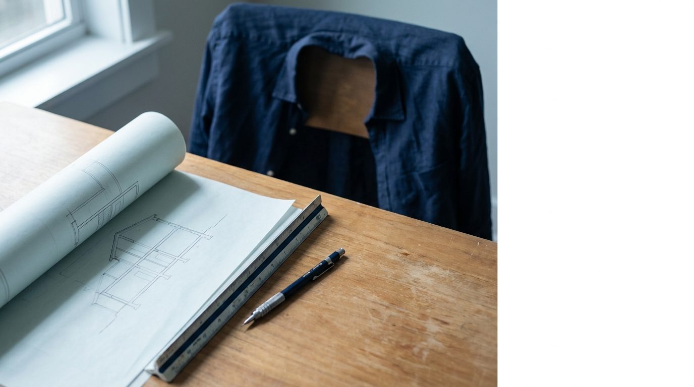 An architect's desk from above with a precise line drawing on drafting paper