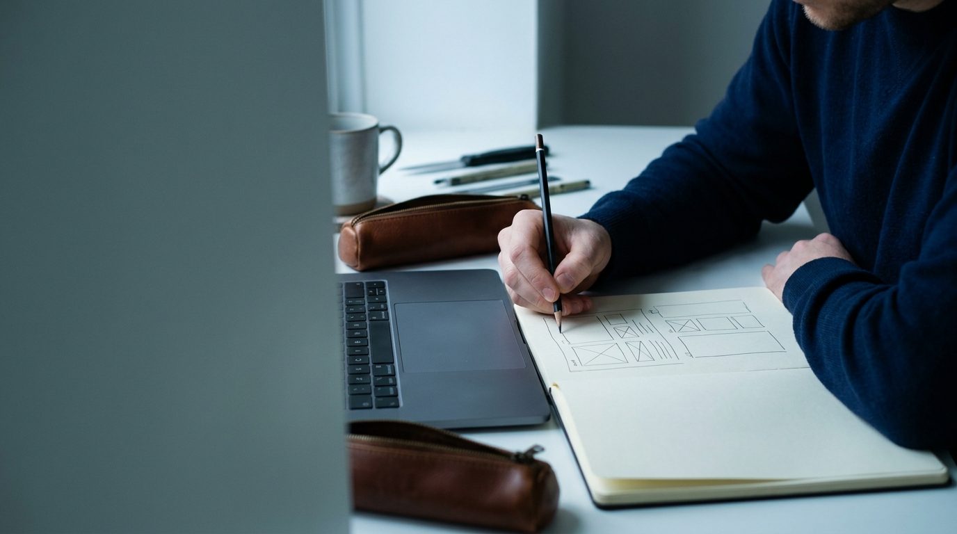 A designer sketches a page layout in a notebook beside a closed laptop