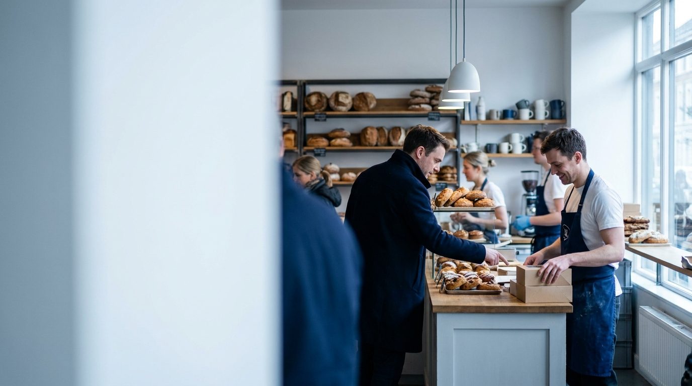 A busy independent bakery mid-morning with a customer at the counter