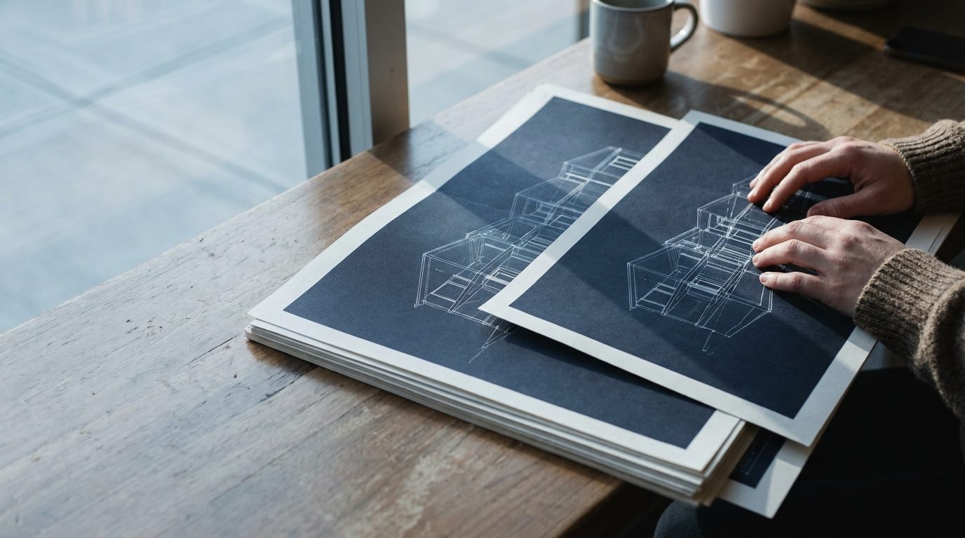 Two sets of printed wireframe sheets laid side by side on a table for comparison