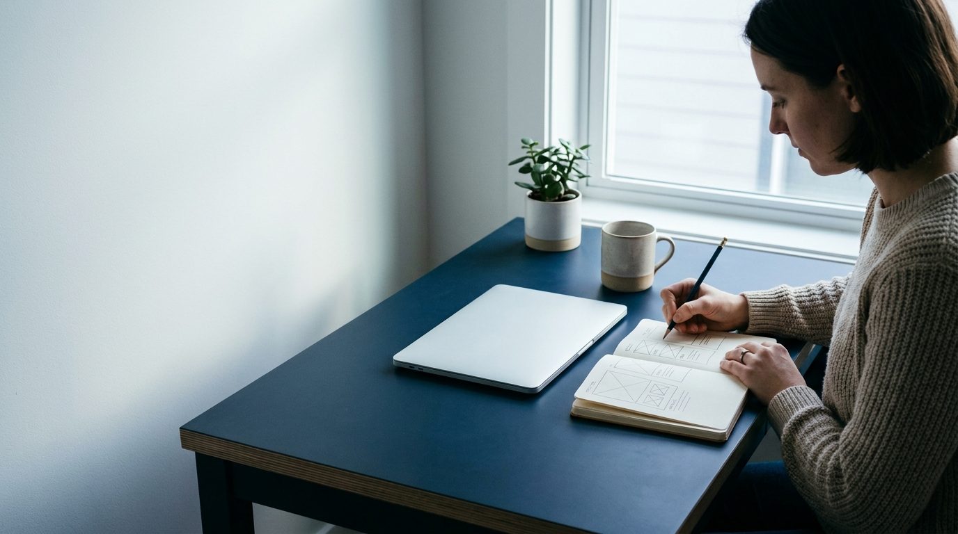 A freelance web designer at a tidy home desk with a sketchbook of page layouts and a closed laptop
